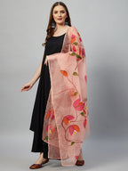 InWeave Black Strappy Set With Peach Hand Print Dupatta