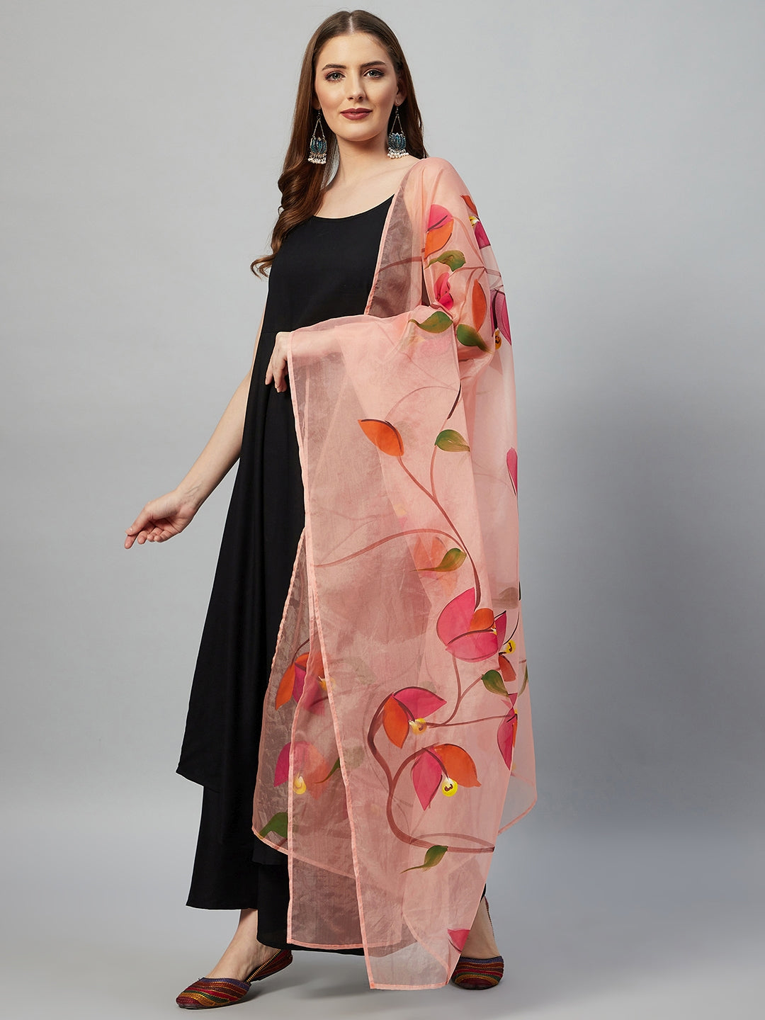InWeave Black Strappy Set With Peach Hand Print Dupatta