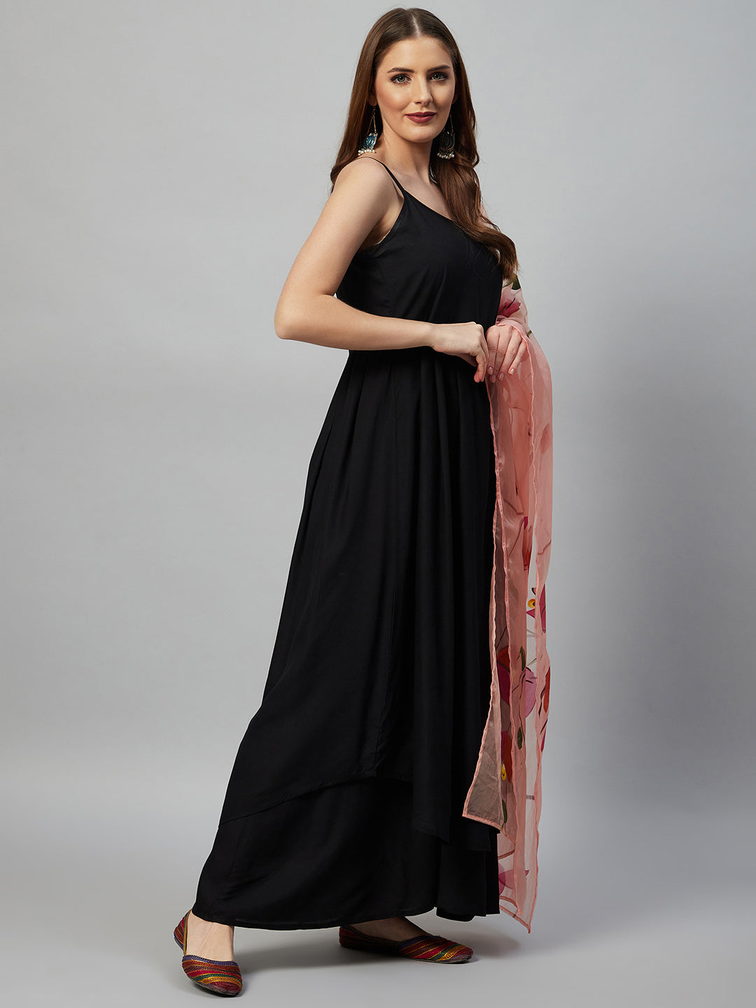 InWeave Black Strappy Set With Peach Hand Print Dupatta