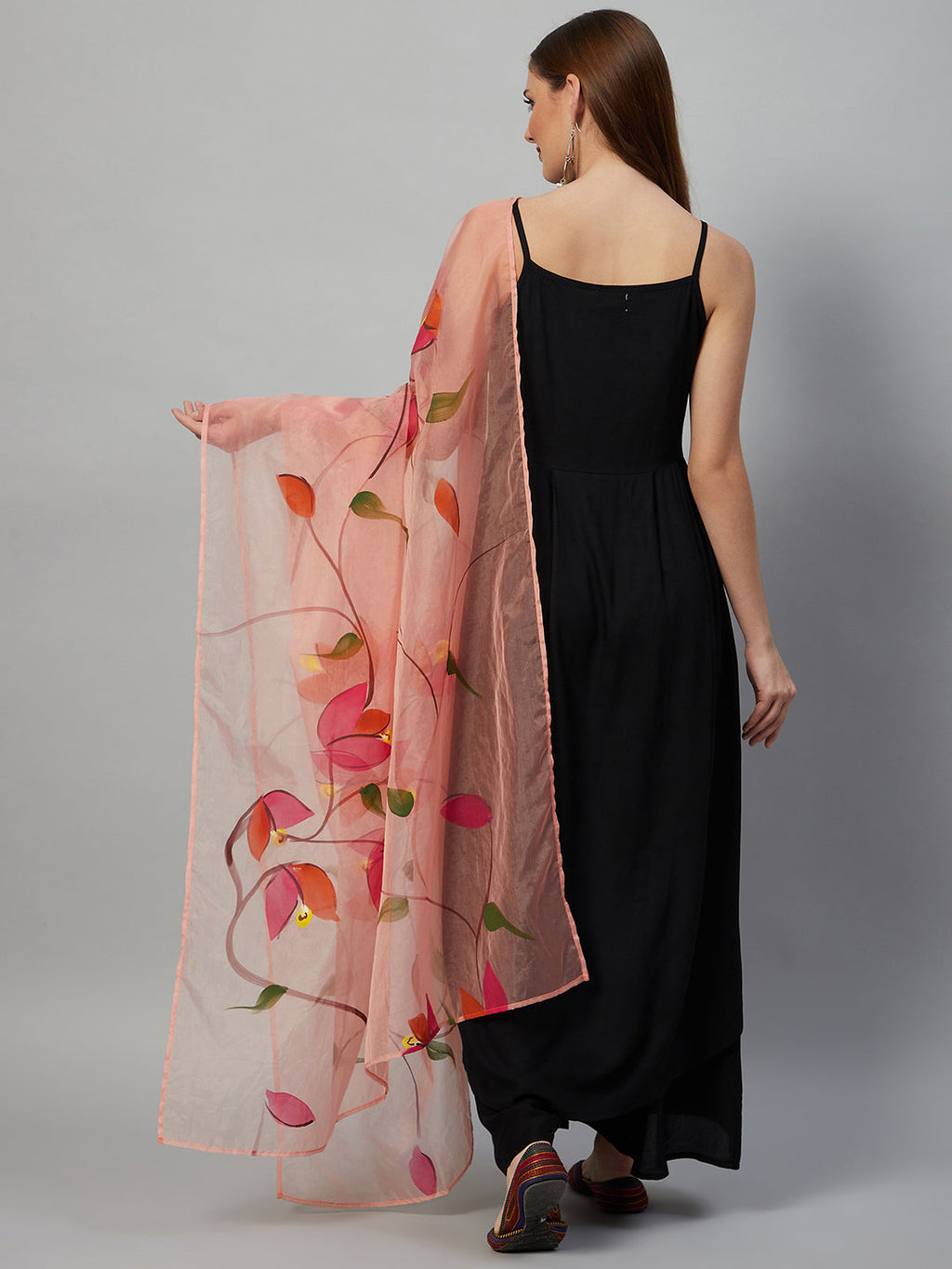InWeave Black Strappy Set With Peach Hand Print Dupatta