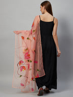 InWeave Black Strappy Set With Peach Hand Print Dupatta