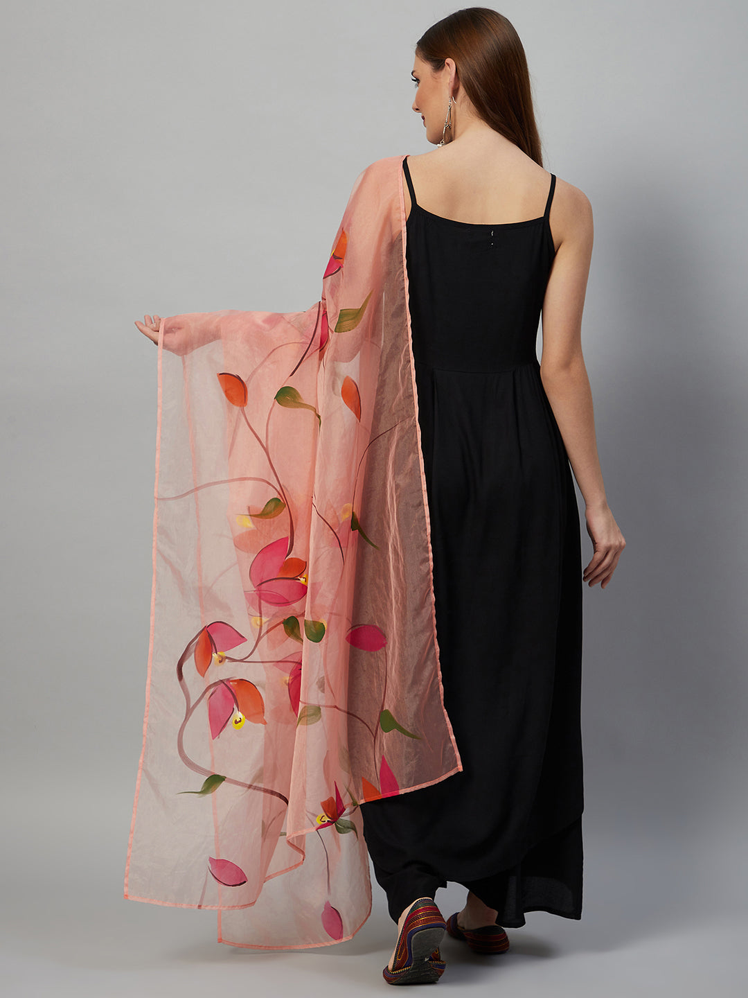 InWeave Black Strappy Set With Peach Hand Print Dupatta