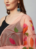 InWeave Black Strappy Set With Peach Hand Print Dupatta