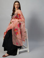 InWeave Black Strappy Set With Peach Hand Print Dupatta