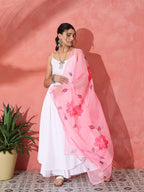 InWeave White Strappy Kurta Set With Pink Hand Print Dupatta
