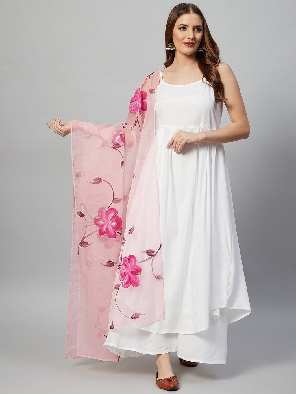 InWeave White Strappy Kurta Set - Pink Hand Print Dupatta