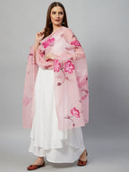 InWeave White Strappy Kurta Set - Pink Hand Print Dupatta