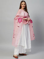 InWeave White Strappy Kurta Set - Pink Hand Print Dupatta