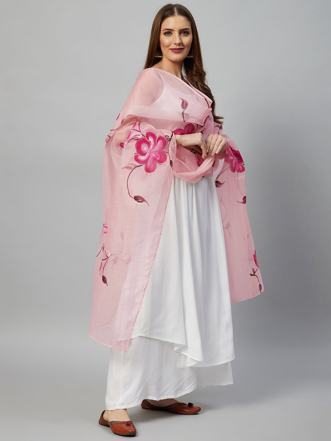 InWeave White Strappy Kurta Set - Pink Hand Print Dupatta