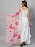 InWeave White Strappy Kurta Set - Pink Hand Print Dupatta