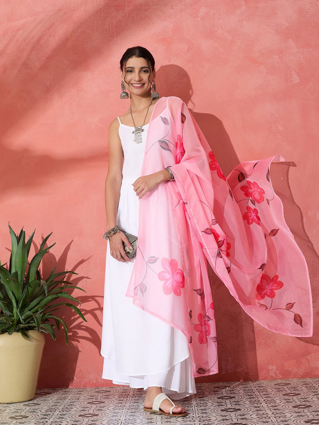 InWeave White Strappy Kurta Set With Pink Hand Print Dupatta