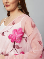 InWeave White Strappy Kurta Set - Pink Hand Print Dupatta
