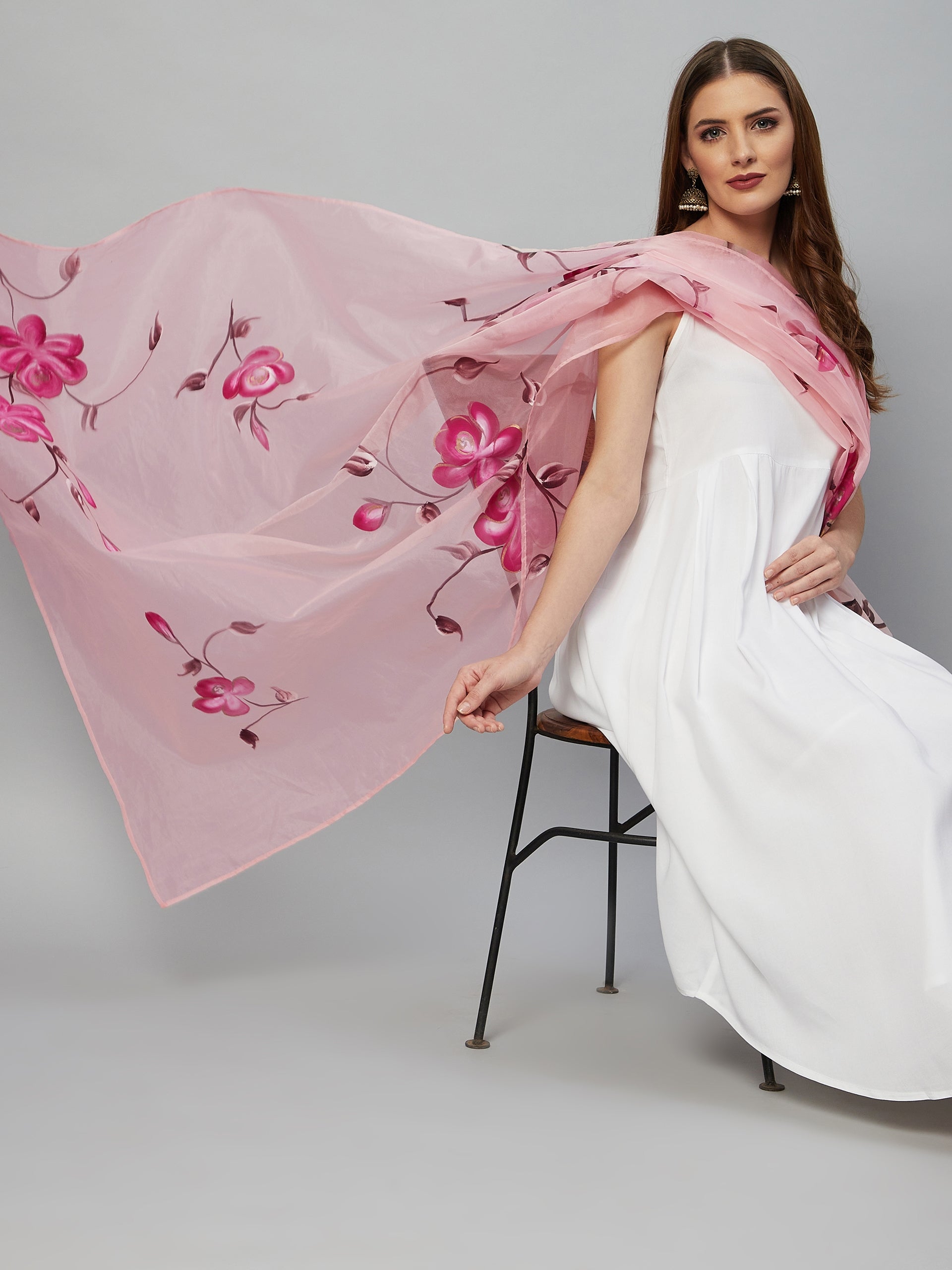 InWeave White Strappy Kurta Set - Pink Hand Print Dupatta