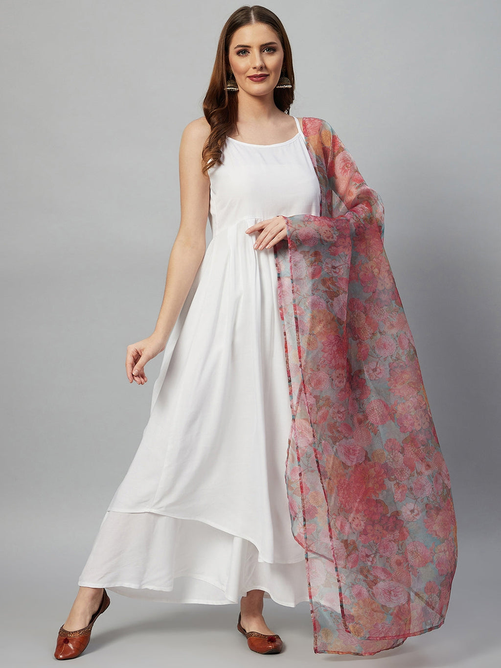 InWeave White Strappy Set - Green Organza Dupatta