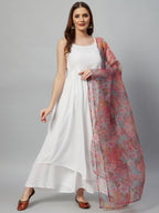 InWeave White Strappy Set - Green Organza Dupatta
