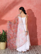 InWeave White Strappy Set With Green Organza Dupatta