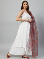 InWeave White Strappy Set - Green Organza Dupatta