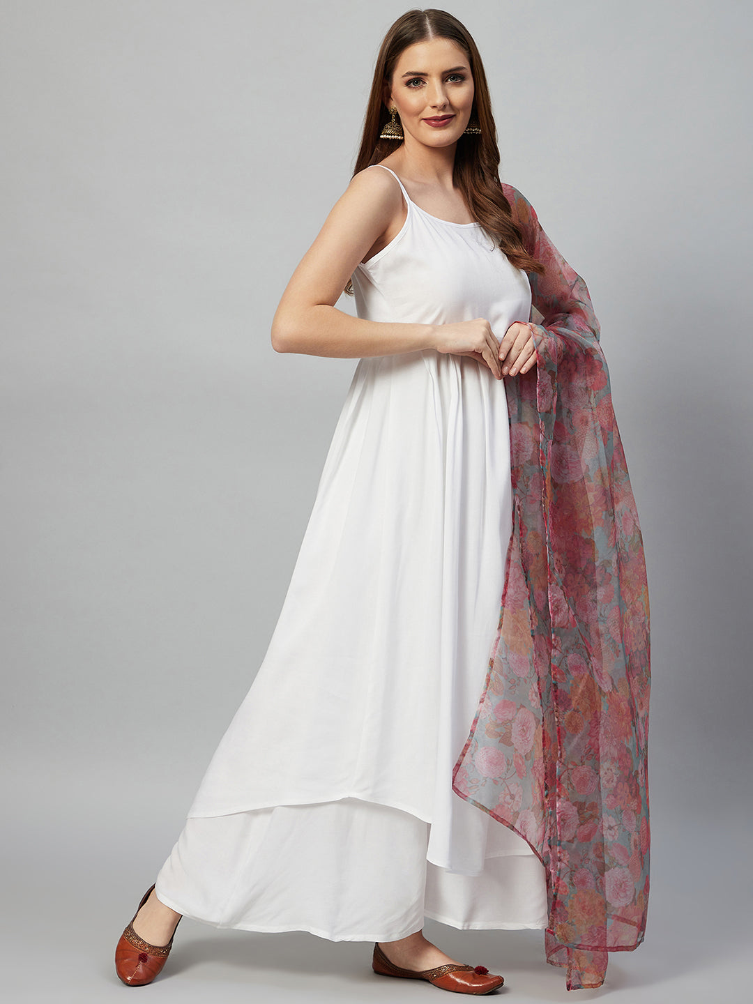 InWeave White Strappy Set - Green Organza Dupatta