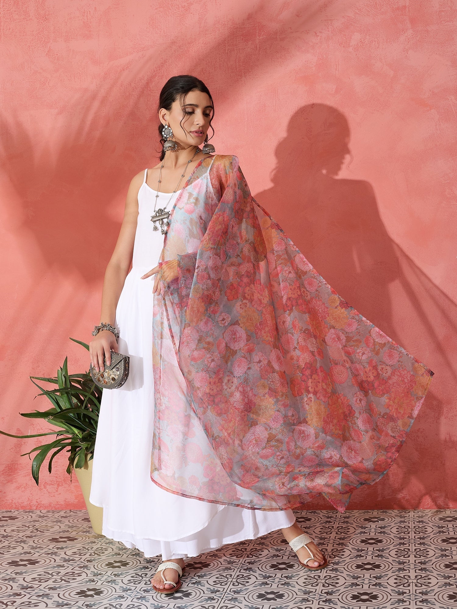 InWeave White Strappy Set With Green Organza Dupatta