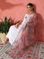 InWeave White Strappy Set With Green Organza Dupatta