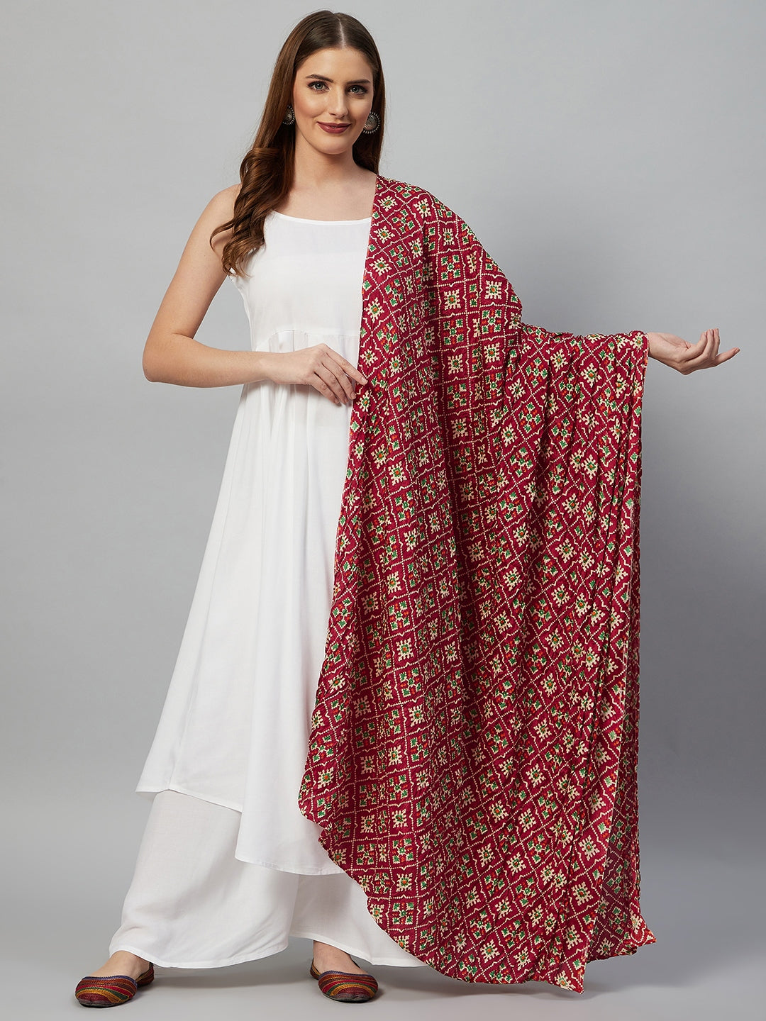 InWeave White Strappy Set - Maroon Fosilk Dupatta - Distacart