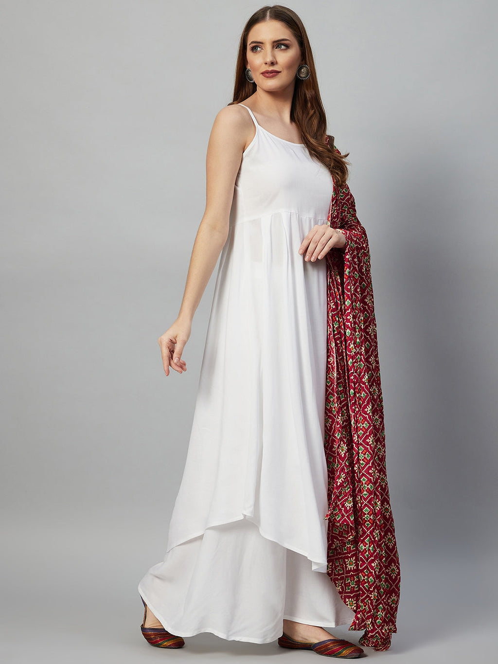 InWeave White Strappy Set - Maroon Fosilk Dupatta - Distacart