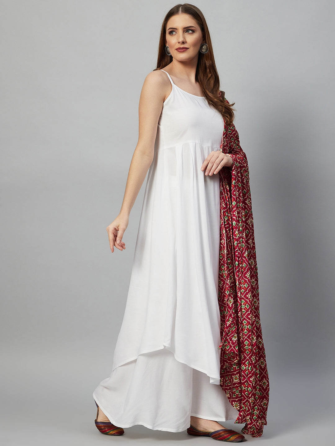 InWeave White Strappy Set - Maroon Fosilk Dupatta - Distacart