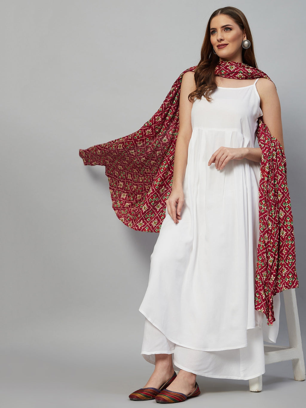 InWeave White Strappy Set - Maroon Fosilk Dupatta - Distacart