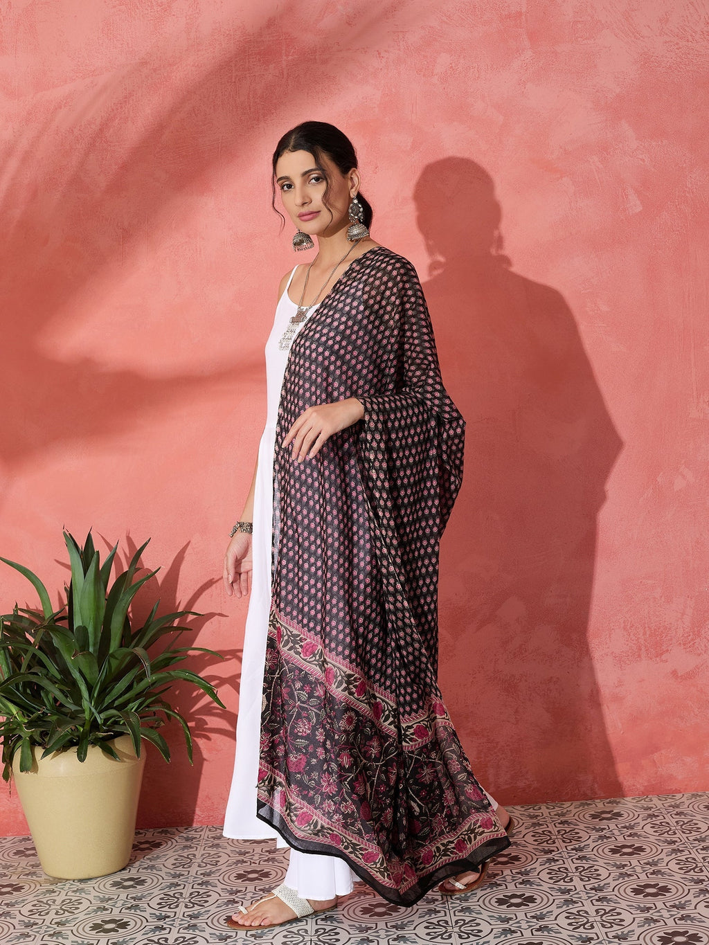 InWeave White Strappy Set With Black Pink Ethnic Print Cotton Dupatta