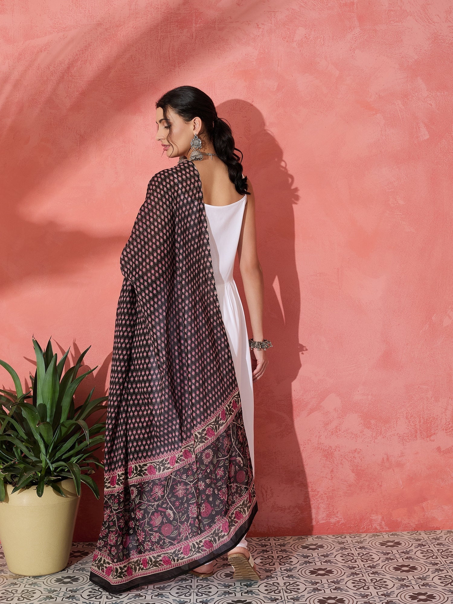 InWeave White Strappy Set With Black Pink Ethnic Print Cotton Dupatta