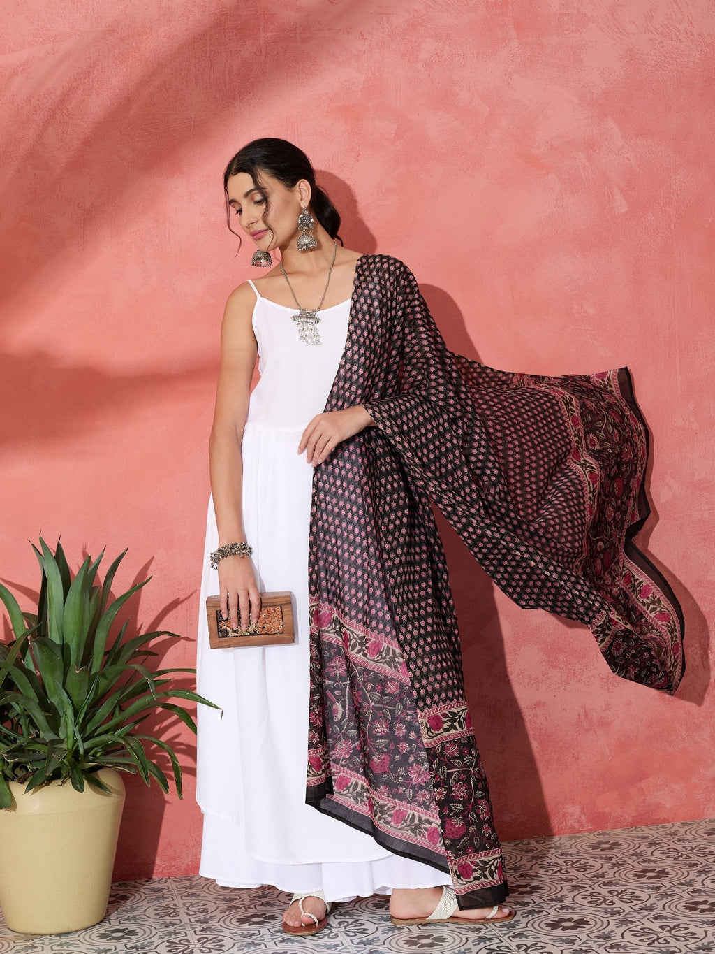 InWeave White Strappy Set With Black Pink Ethnic Print Cotton Dupatta