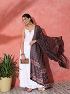 InWeave White Strappy Set With Black Pink Ethnic Print Cotton Dupatta