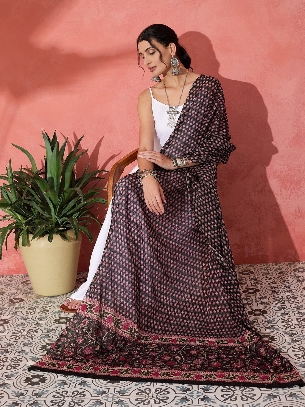 InWeave White Strappy Set With Black Pink Ethnic Print Cotton Dupatta