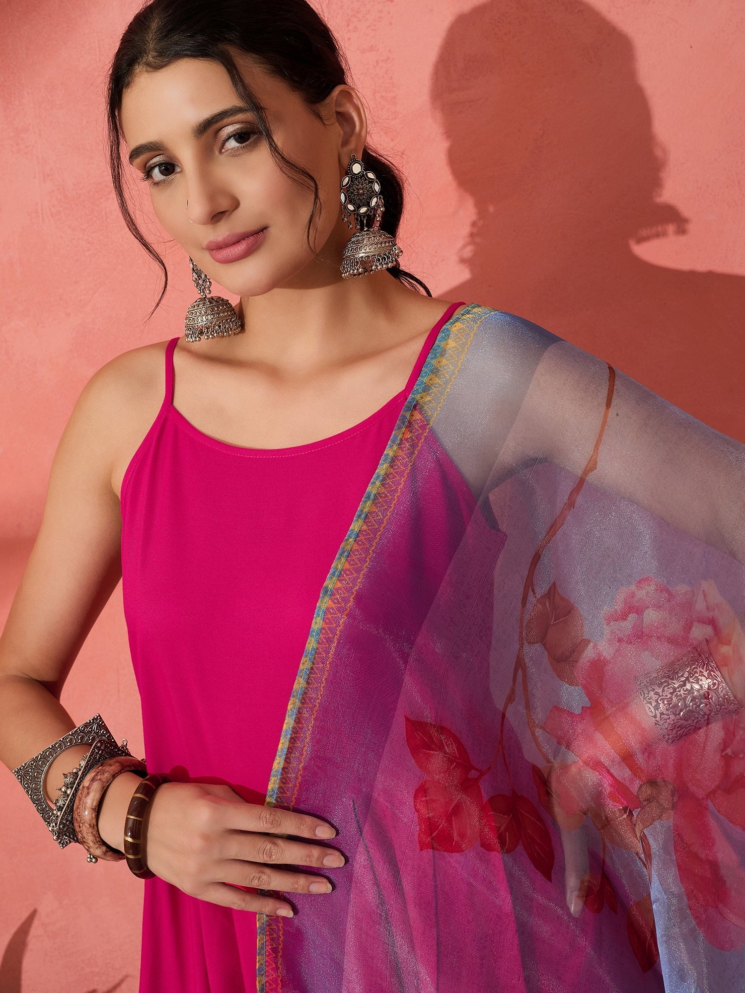 InWeave Fuchsia Strappy Set With Blue Fuchsia Organza Dupatta