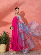 InWeave Fuchsia Strappy Set With Blue Fuchsia Organza Dupatta