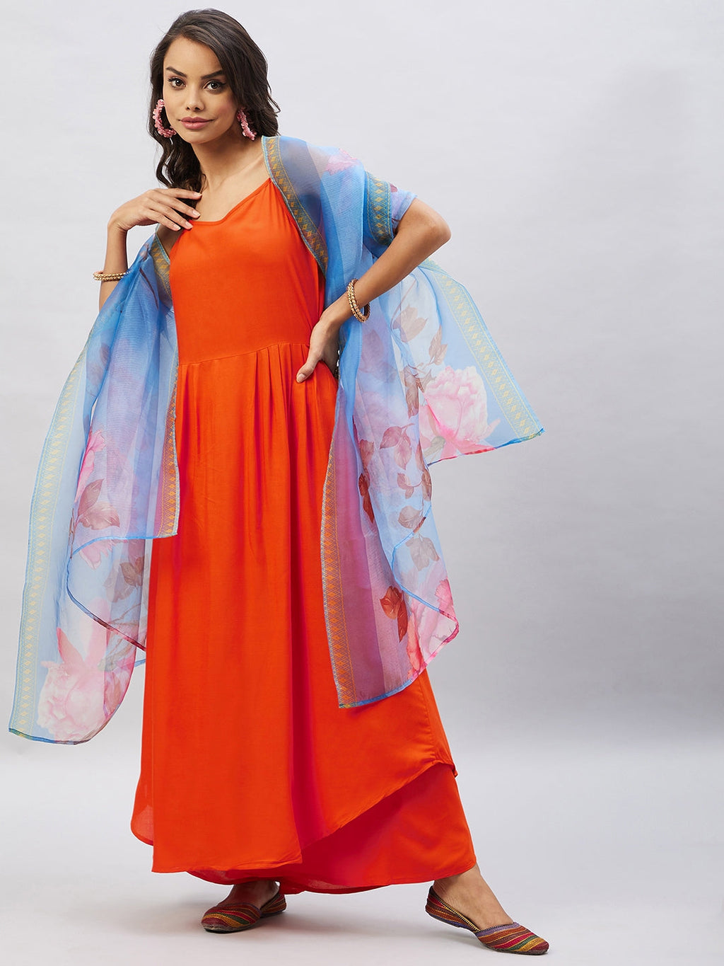 InWeave Women's Orange Strappy Set With Blue Fuchsia Organza Dupatta