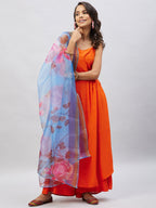 InWeave Women's Orange Strappy Set With Blue Fuchsia Organza Dupatta
