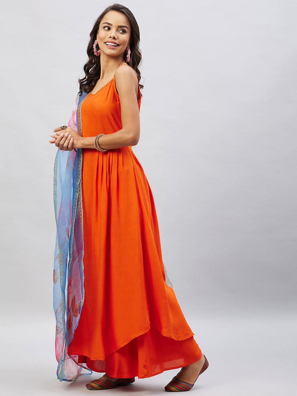 InWeave Women's Orange Strappy Set With Blue Fuchsia Organza Dupatta