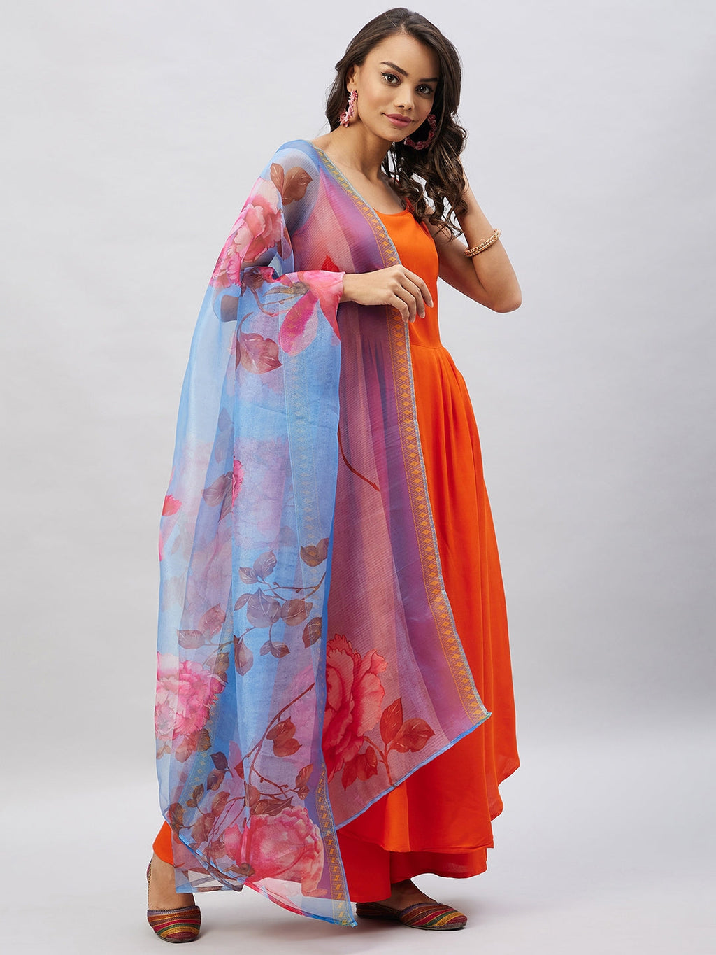InWeave Women's Orange Strappy Set With Blue Fuchsia Organza Dupatta