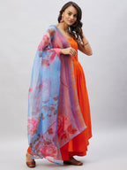 InWeave Women's Orange Strappy Set With Blue Fuchsia Organza Dupatta