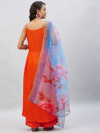 InWeave Women's Orange Strappy Set With Blue Fuchsia Organza Dupatta