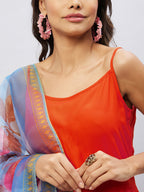 InWeave Women's Orange Strappy Set With Blue Fuchsia Organza Dupatta