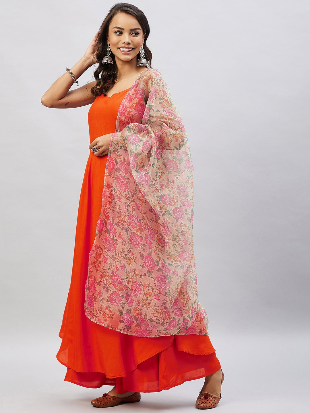 InWeave Orange Strappy Set With Light Olive Organza Dupatta - Distacart