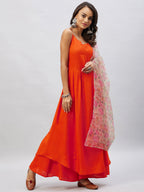 InWeave Orange Strappy Set With Light Olive Organza Dupatta - Distacart