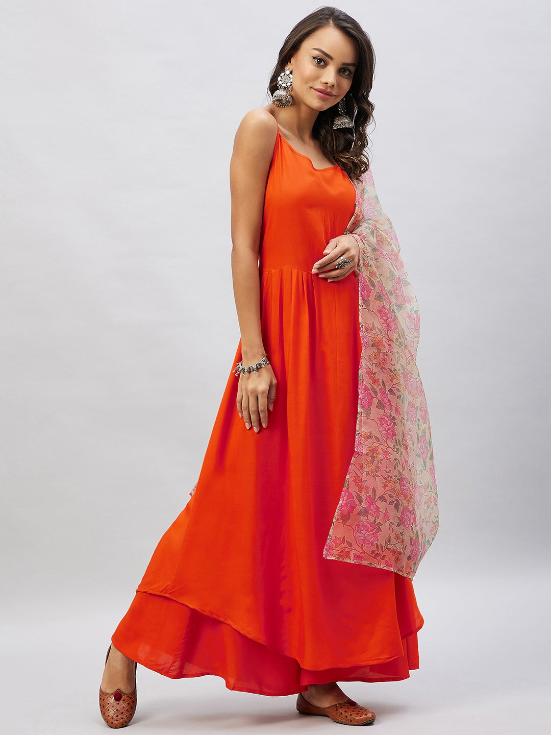 InWeave Orange Strappy Set With Light Olive Organza Dupatta - Distacart