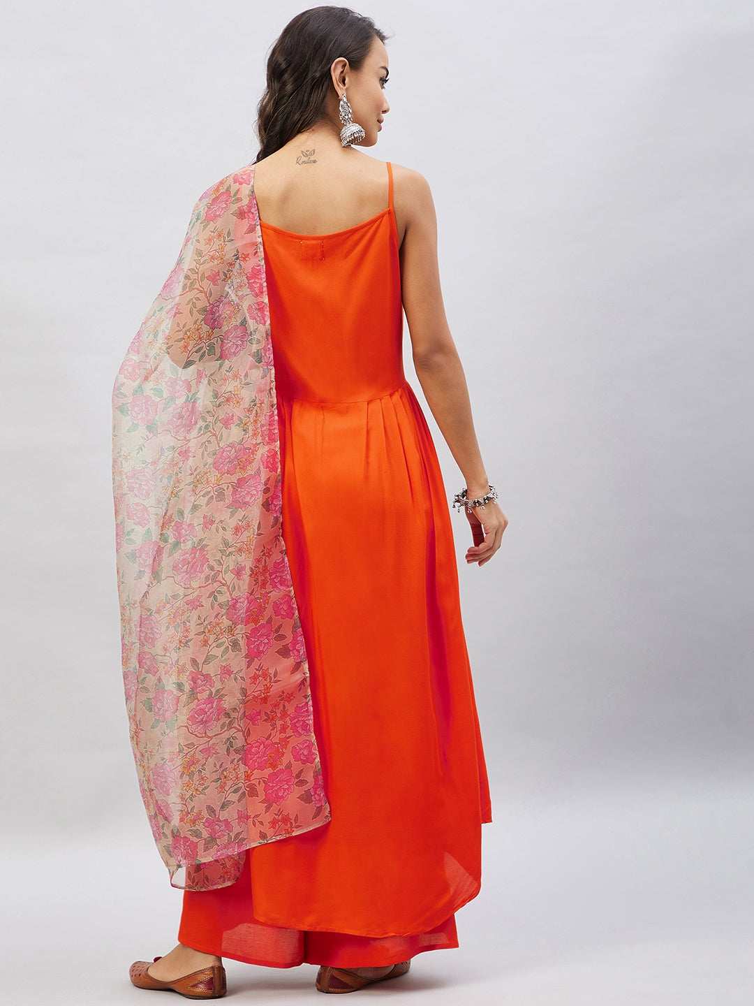 InWeave Orange Strappy Set With Light Olive Organza Dupatta - Distacart