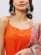 InWeave Orange Strappy Set With Light Olive Organza Dupatta - Distacart