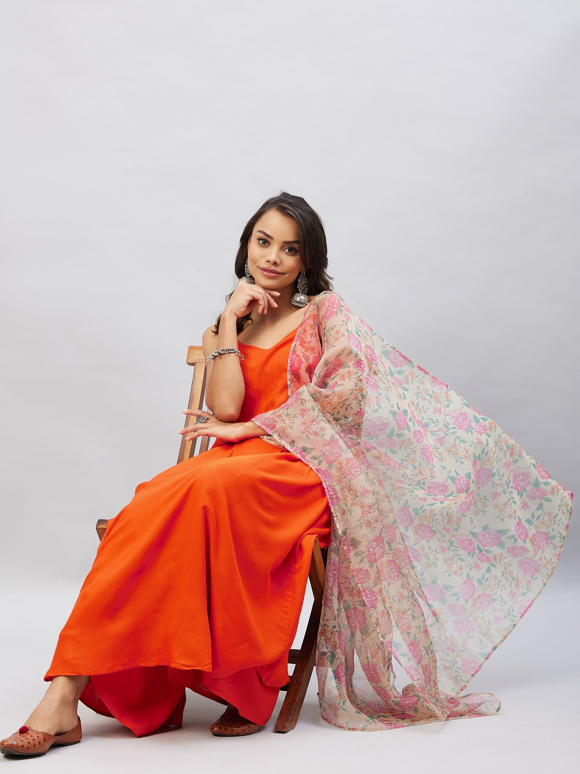 InWeave Orange Strappy Set With Light Olive Organza Dupatta - Distacart