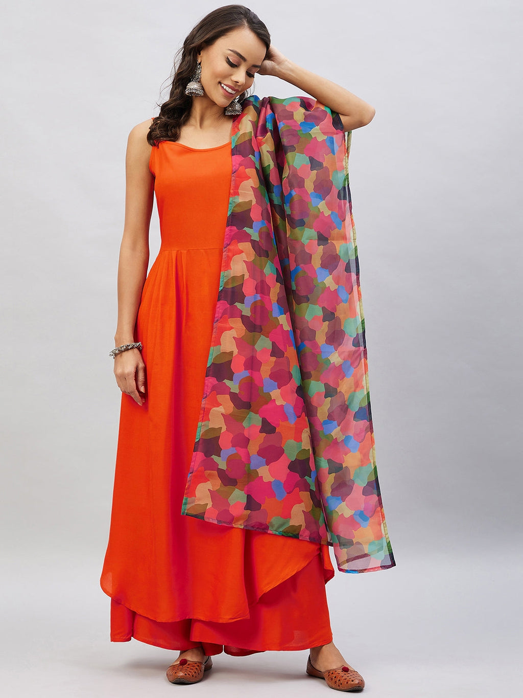 InWeave Women's Orange Strappy Set With Maroon Abstract Organza Dupatta