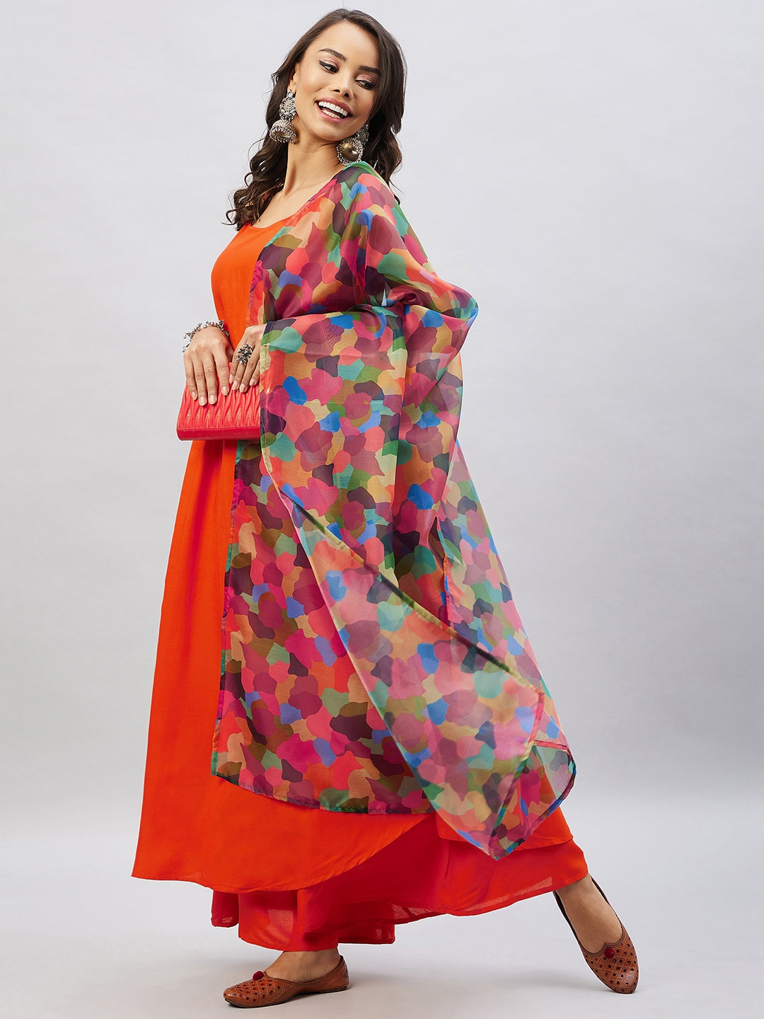 InWeave Women's Orange Strappy Set With Maroon Abstract Organza Dupatta